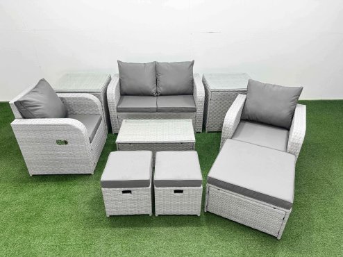 Fimous Light Grey PE Wicker Rattan Garden Furniture Set Sofa Set Reclining Adjustable Chair Rectangular Coffee Table 7 Seater 3 Stools 2 Side Table