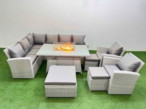 Fimous Rattan Corner Sofa Chair Set Outdoor Furniture Garden Dining Sets Gas Fire Pit Table with Temper Glass 3 Footstools Light Grey Mixed
