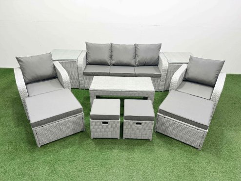 Fimous PE Wicker Rattan Furniture Sofa Sets with Oblong Coffee Table 3 Seater Sofa 4 Stools 2 Side Tables Light Grey Mixed