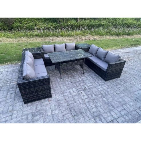 Fimous Wicker Outdoor Garden Furniture Rattan Lounge Sofa Set Patio Rectangular Dining Table with 2 Side Table 9 Seater Dark Grey Mixed