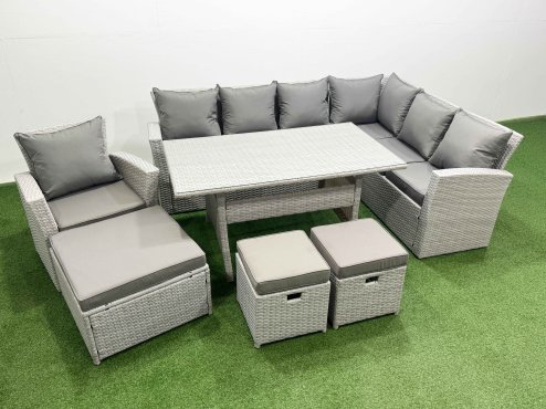 Fimous Rattan Garden Furniture Set Outdoor 10 Seater Patio Dining Corner Sofa Sets with Dining Table Chair 3 Footstools Light Grey Mixed