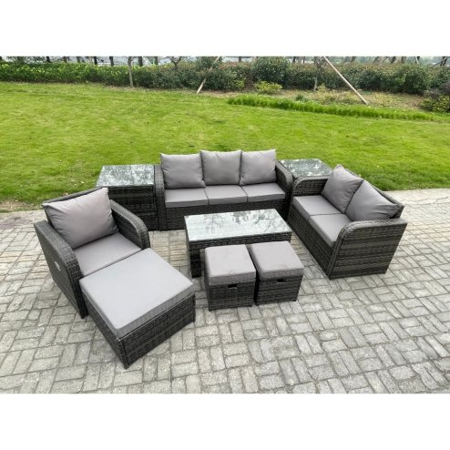 Fimous High Back Rattan Garden Furniture Set with Loveseat Sofa Rectangular Coffee Table 2 Side Tables 3 Footstools Indoor Outdoor Patio Lounge Sofa Set Dark Grey Mixed