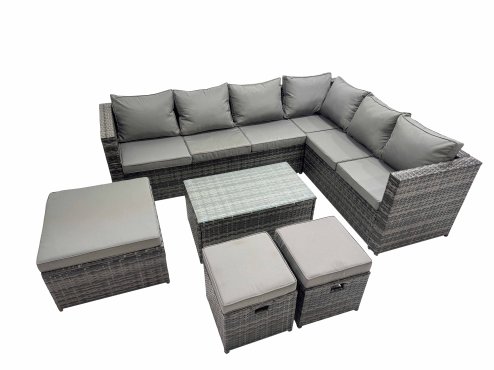 Fimous Outdoor PE Rattan Garden Furniture Sofa Set with Oblong Coffee Table Big Stool 2 Small Stools Dark Grey