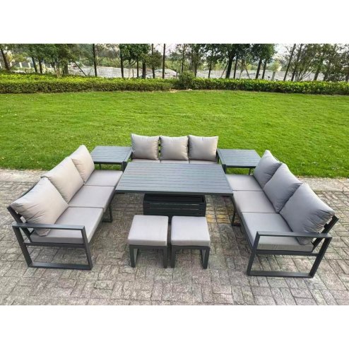 Fimous U-shaped Garden Furniture Set 11-Seater Aluminium Outdoor Dining Set with Adjustable Rising Lifting Dining Table Side Table 2 Small Footstools Dark Grey