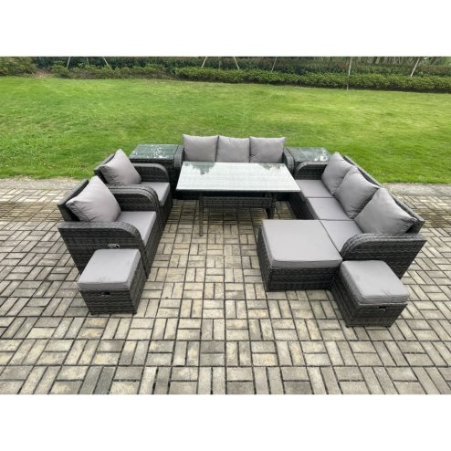 Fimous Outdoor Garden Patio Furniture Wicker Rattan Oblong Rectangular Dining Table and Lounge Sofa set with Adjustable Chair 2 Side Tables 3 Footstool Dark Grey Mixed