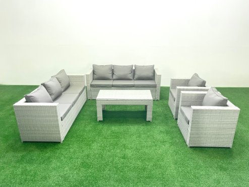 Fimous Outdoor Garden Furniture Rattan Sofa Set with 2 Armchairs Oblong Coffee Table Light Grey Mixed