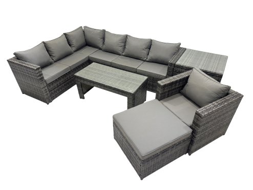 Fimous 6 Pieces Outdoor PE Rattan Garden Furniture Corner Sofa Oblong Coffee Table Set with Cushions Big Footstool Side Table Dark Grey Mixed