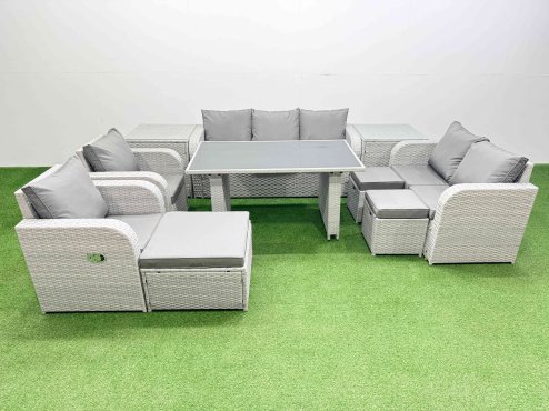 Fimous 10 Seater Garden Furniture Set PE Ratten Garden Sofa Set with Rectangular Dining Table 3 Stool 2 Side Tables Light Grey