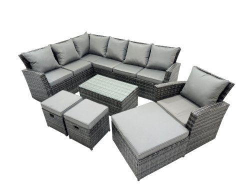 Fimous 10 Seat Rattan High Back Corner Sofa Set Patio Coffee Table Sets with 3 Stools Chair Dark Grey Mixed