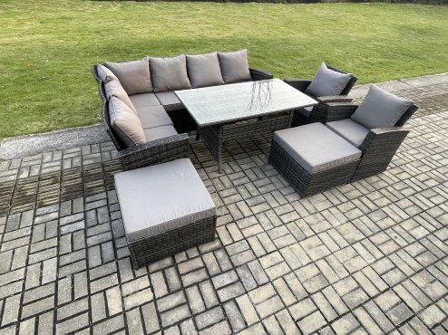 Fimous 10 Seater High Back Rattan Garden Furniture Set Corner Sofa With Rectangular Dining Table 2 Arm Chairs 2 Big Footstool