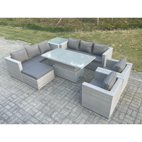 Fimous Rattan Garden Funiture Set Adjustable Rising Lifting Table Sofa Dining Set Lounge Chair Side Table Footstool