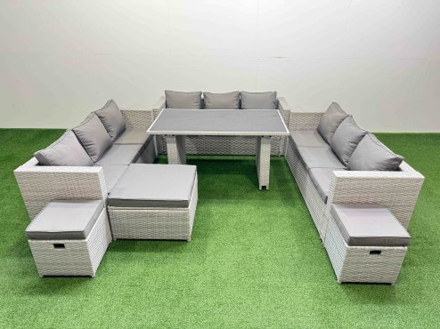 Fimous Patio Outdoor Garden Furniture Sets with Black Glass Top Dining Table 3 Seater Sofa 3 Stool Light Grey