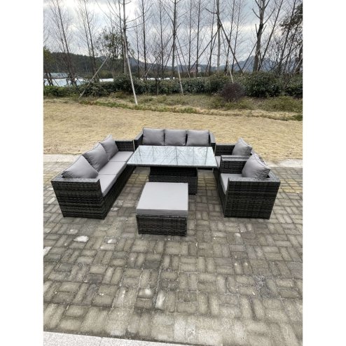 Fimous 9 Seater?Outdoor Rattan Garden Furniture Set Adjustable Rising Lifting Dining Table With Chairs Footstool Dark Grey Mixed