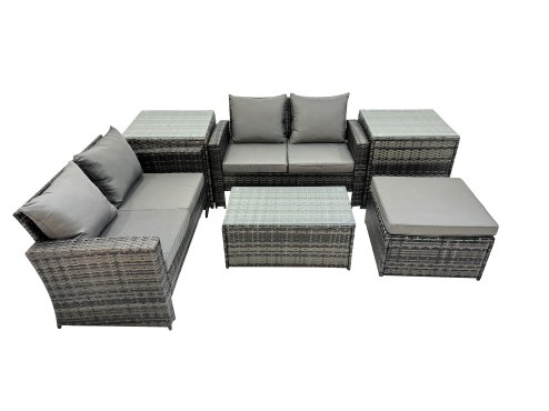 Fimous PE Rattan Garden Furniture Set Lounge Double Seat Sofa Coffee Table Set with 2 Side Tables Big Stool Dark Grey MixedMixed