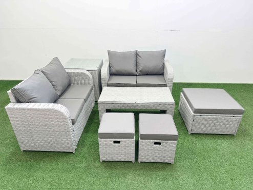 Fimous 7 Seater Outdoor Love Sofa Set Rattan Garden Furniture Set with Oblong Coffee Table 3 Footstool Side Table Light Grey