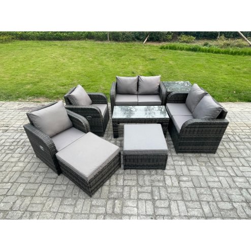 Fimous 8 PCS Garden Furniture set Rattan Outdoor Lounge Sofa Table Chair With Tempered Glass Table Dark Grey Mixed