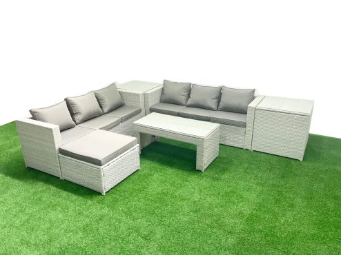 Fimous 7 Seater Garden Outdoor Rattan Furniture Set Rattan Garden Sofa Oblong Coffee Table with Big Footstool 2 Side Tables Light Grey Mixed