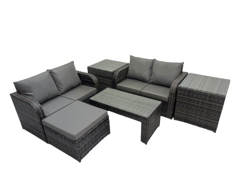 Fimous 3 Seater Sofa Reclining Chair Coffee Table Set Rattan Garden Outdoor Furniture Set with 2 Side Tables Big Stool Dark Grey Mixed