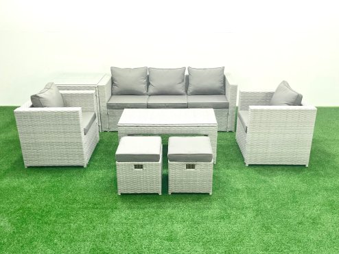 Fimous Rattan Garden Furniture Set 7 Seater Outdoor Garden Sofa Oblong Coffee Table Set with 2 Chairs 2 Stools Side Table Light Grey Mixed