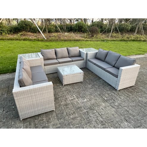 Fimous Light Grey Lounge Outdoor PE Rattan Garden Furniture Set Wicker Sofa Set Square Coffee Table 2 Side Table 9 Seat
