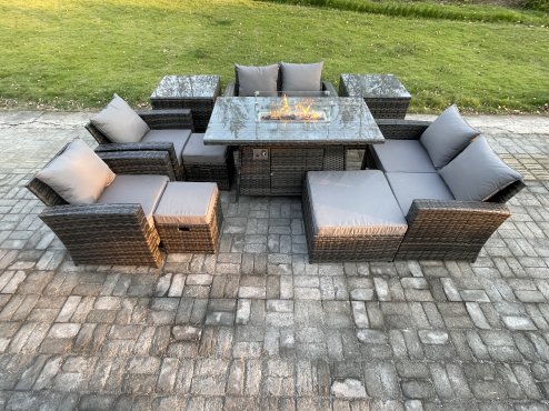 Fimous Outdoor Garden Furniture Sets 10 Pieces Wicker Rattan Furniture Gas Firepit Dining Table Sofa Set with 3 Footstools 2 Side Tables Dark Grey Mixed