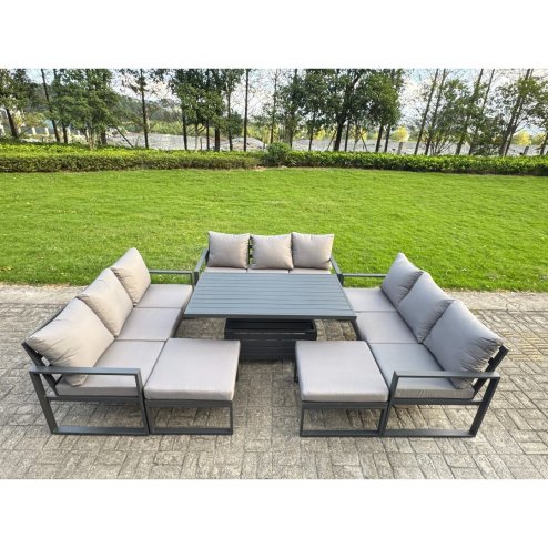Fimous U-shaped Garden Furniture Set 11-Seater Aluminium Outdoor Dining Set with Adjustable Rising Lifting Dining Table 2 Side Tables 2 Small Footstools Dark Grey
