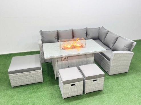 Fimous 9 Seat Rattan Garden Furniture Corner Sofa Set Outdoor Gas Fire Pit Table Set with 3 Footstools Light Grey