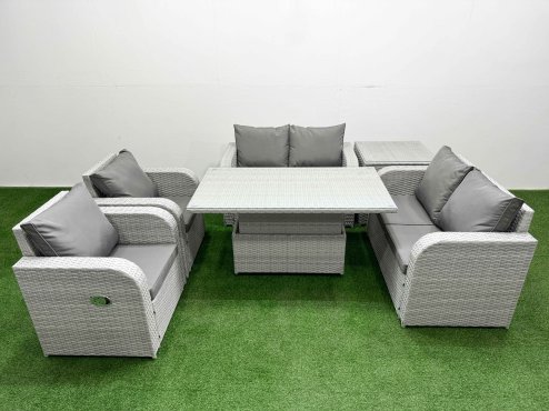 Fimous 6 Seater Outdoor Reclining Chair Love Sofa Set Rattan Garden Furniture Set with Adjustable Lifting Dining or Coffee Table Side Table Light Grey