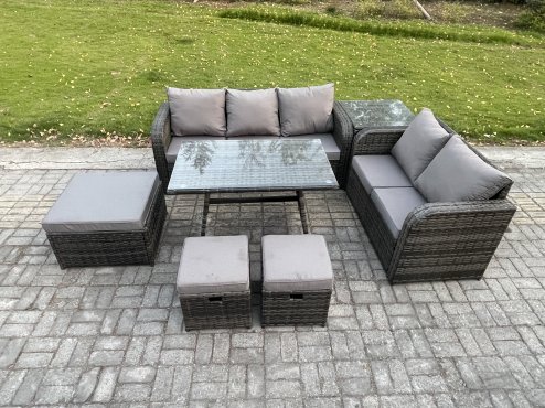 Fimous Rattan Garden Furniture Dining Set 8 seater Patio Rectangular Table 3 Footstools Love Sofa Side Table Dark Grey Mixed