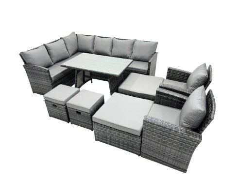 Fimous 12 Seat Poly Rattan Outdoor Patio Oblong Dining Table Corner Sofa Set with 4 Stool 2 Chairs for Garden Backyard Dark Grey Mixed