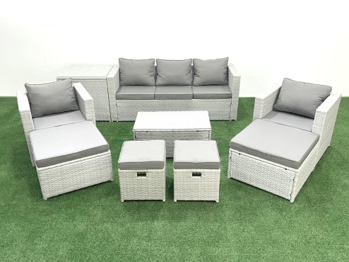 Fimous 9 Pieces Rattan Garden Furniture Set Outdoor Garden Sofa Chair Coffee Table Set with Side Table 4 Footstools Light Grey Mixed
