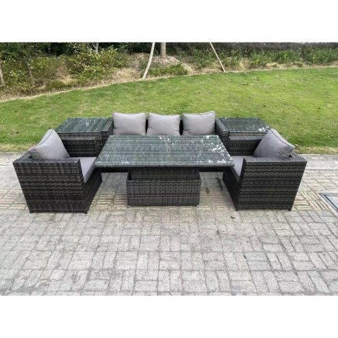 Fimous Rattan Garden Furniture Sofa Set Outdoor Adjustable Rising Lifting Dining Table Set with 2 Armchairs 2 Side Tables Dark Grey Mixed