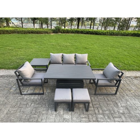 Fimous 6-Piece Aluminium Garden Furniture Sets 7 Seater Outdoor Sofa Set with Adjustable Rising Lifting Dining Table 2 Chairs 2 Small Footstools