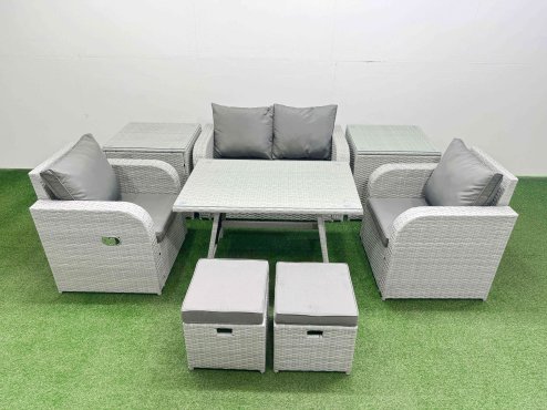 Fimous Light Grey PE Wicker Rattan Garden Furniture Set Sofa Set Reclining Chair Love Sofa Rectangular Dining Table 2 Small Stools 2 Side Tables