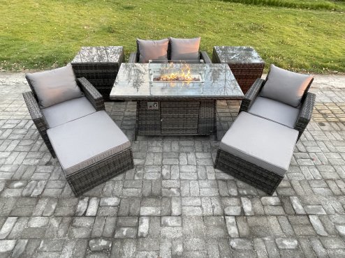 Fimous Outdoor Garden Dining Sets 6 Seater Rattan Patio Furniture Sofa Set with Gas Firepit Table 2 Big Footstool 2 Side Tables Dark Grey Mixed