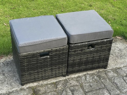 Fimous Outdoor Lounge Sofa Set Wicker PE Rattan Garden Furniture Set with Rectangular Dining Table 2 Seat Sofa 2 Small Footstools 2 Side Tables Dark Grey Mixed