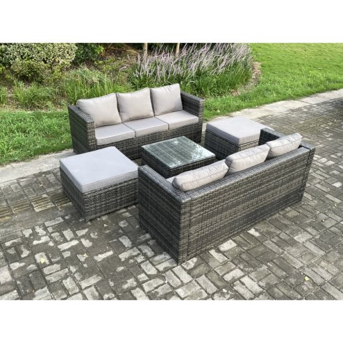 Fimous 8 Seater Rattan Garden Furniture Set Patio Outdoor Lounge Sofa Set with Square Coffee Table 2 Big Footstool Dark Grey Mixed