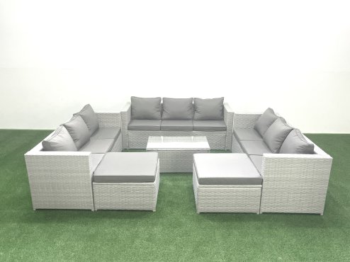 Fimous Rattan Garden Outdoor Furniture Set 11 Seater Garden Sofa Coffee Table Set with 2 Big Footstools Light Grey Mixed