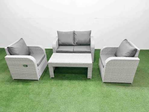 Fimous Light Grey PE Wicker Rattan Garden Furniture Set Sofa Set Reclining Adjustable Chair Oblong Coffee Table 4 Seater