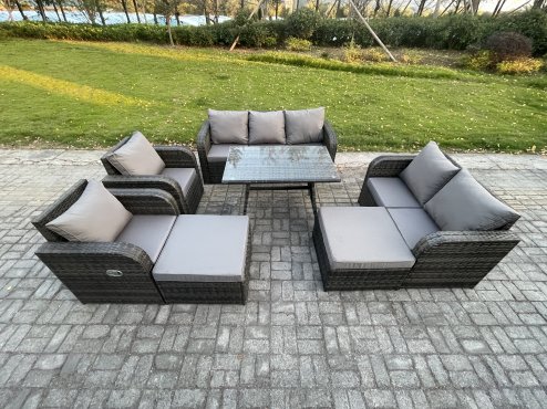 Fimous Rattan Garden Furniture Dining Set 9 seater Patio Rectangular Table 2 Big Footstool Love Sofa Dark Grey Mixed