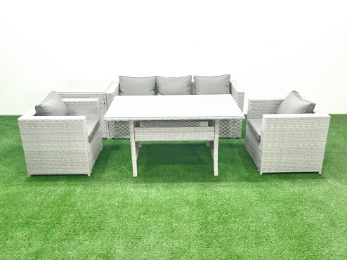 Fimous Garden Dining Set Outdoor Rattan Furniture Set with Sofa Dining Table 2 Chairs Side Table Light Grey Mixed