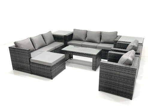 Fimous Rattan Garden Furniture Sofa Set with Coffee table Armchair 2 Side Tables Big Footstool Dark Grey Mixed