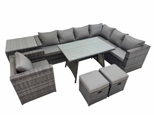 Fimous Rattan garden furniture Patio Furniture Sets with Dining Table Side Table 2 Small Stools Dark Grey Mixed