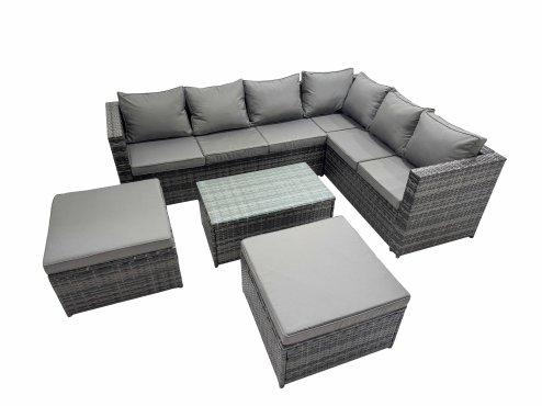 Fimous Outdoor Sofa Oblong Coffee Table Set Rattan Garden Furniture Set with 2 Big Stools Dark Grey Mixed