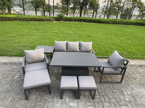 Fimous Aluminium Garden Furniture Sets 8 Seater Outdoor Sofa Set with Adjustable Rising Lifting Dining Table 2 Chairs 3 Footstools