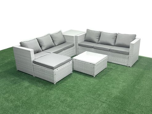 Fimous Rattan Garden Outdoor Furniture Set 7 Seater Rattan Garden Sofa Set with Big Footstool Side Table Light Grey Mixed Image