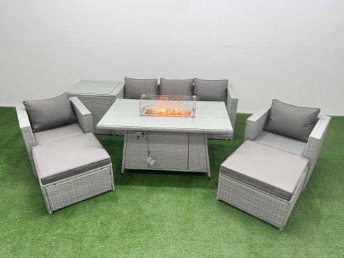 Fimous 7 Seat PE Rattan Lounge Sofa Set Outdoor Garden Furniture Set with Firepit Dining Table 3 Seater Sofa 2 Big Footstools Side Table Light Grey