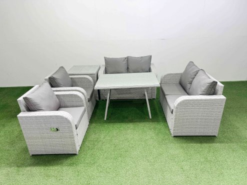 Fimous 6 Seater Rattan Garden Furniture Set Outdoor Love Sofa Set with Rectangular Dining Table Side Table Light Grey
