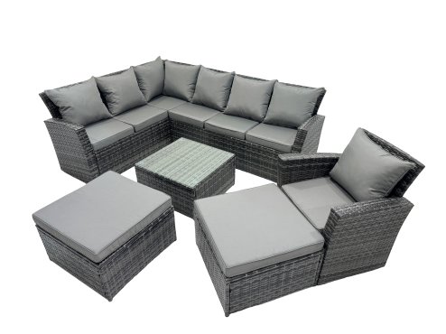 Fimous 9 Seat Poly Rattan Outdoor Patio Coffee Table Corner Sofa Set with 2 Big Stool Chair for Garden Backyard Dark Grey Mixed