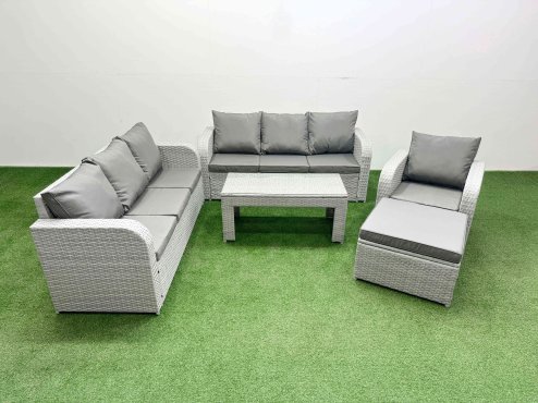 Fimous 8 Seater Poly Rattan Outdoor Garden Furniture Oblong Coffee Table Sofa Set Patio 3 Seater Sofa Reclining Chair 3 Seater Sofa Big Footstool Light Grey